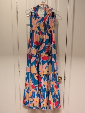 Blue Floral Tiered Sundress with Pink and Yellow Accents With Tie Straps